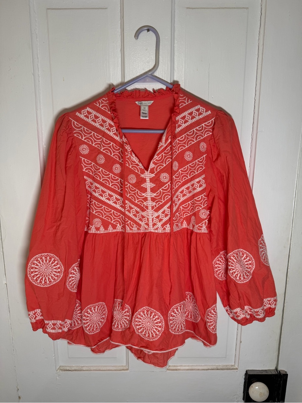 Cato Coral Embroidered Boho Blouse